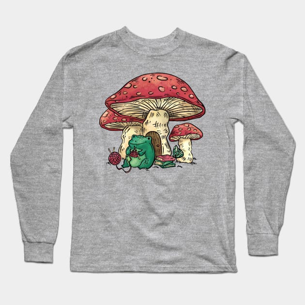 Cute Frog Knitting Mushrooms Cottagecore Farmcore Countrycore Long Sleeve T-Shirt by Sassee Designs